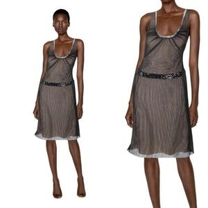 Vera Wang Vintage Black Sheer Mesh Sleeveless Sequin Waist Midi Dress size 10